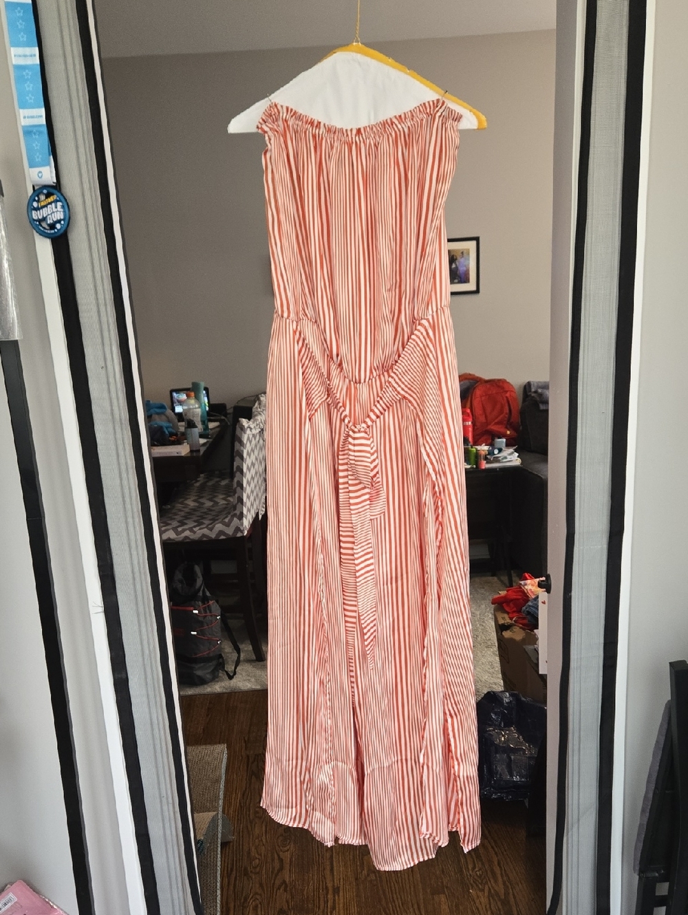 Fashion Nova Coral and White Striped Strapless Maxi Jumpsuit